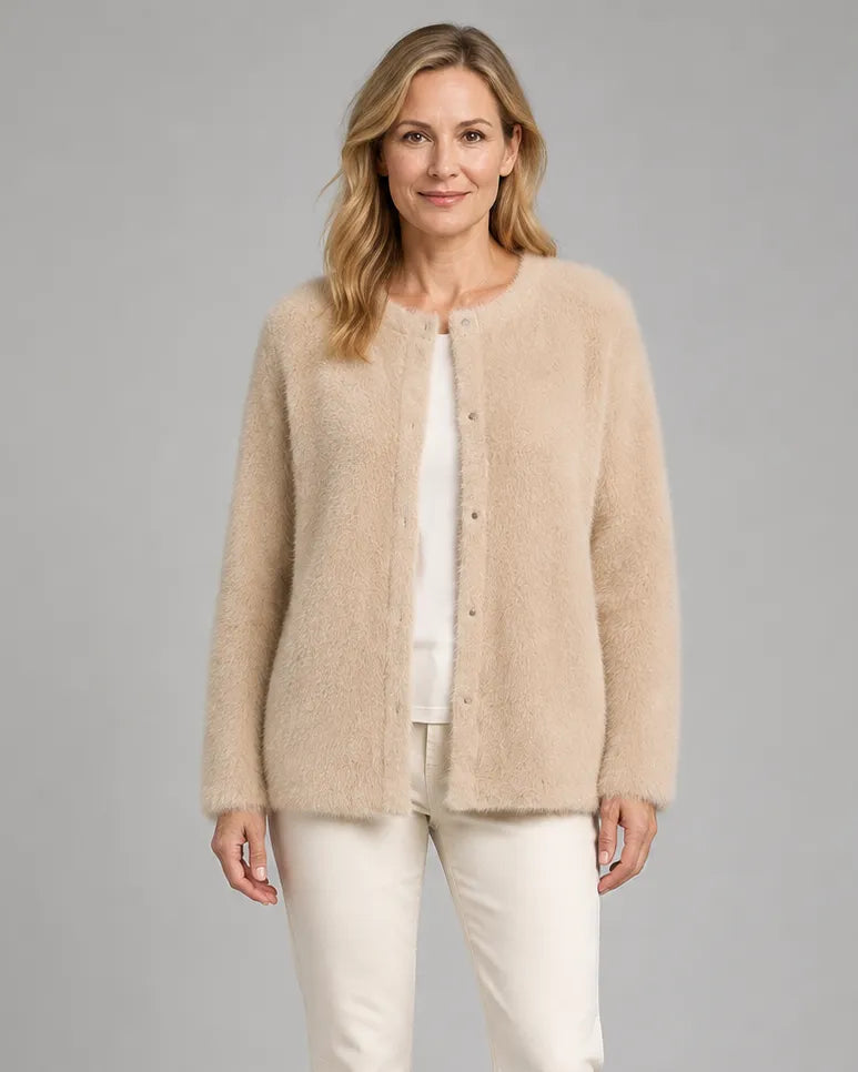 Fluffy Knit Round Neck Cardigan with Button Front