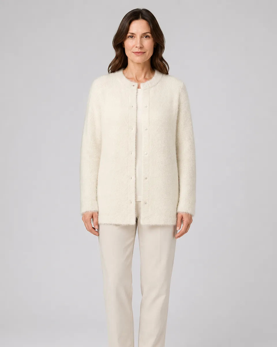 Fluffy Knit Round Neck Cardigan with Button Front
