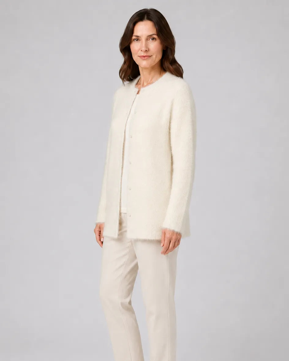 Fluffy Knit Round Neck Cardigan with Button Front