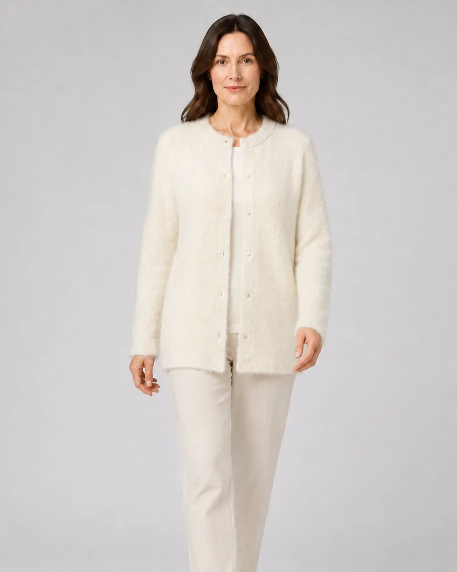 Fluffy Knit Round Neck Cardigan with Button Front