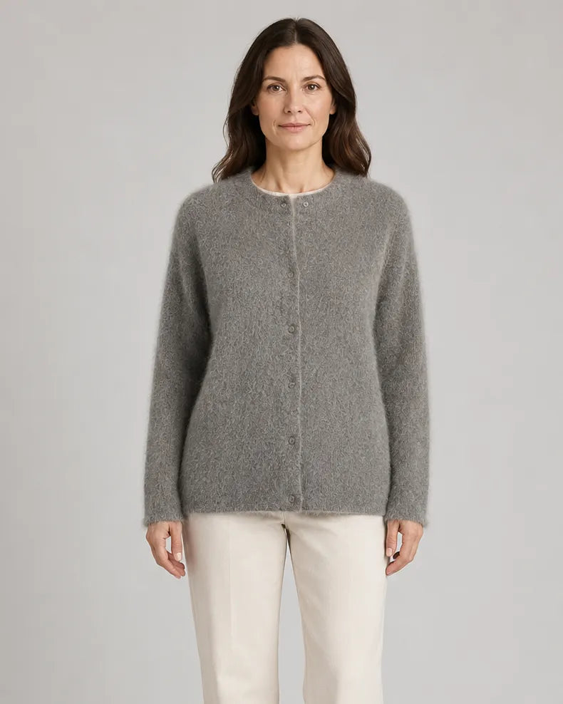 Fluffy Knit Round Neck Cardigan with Button Front