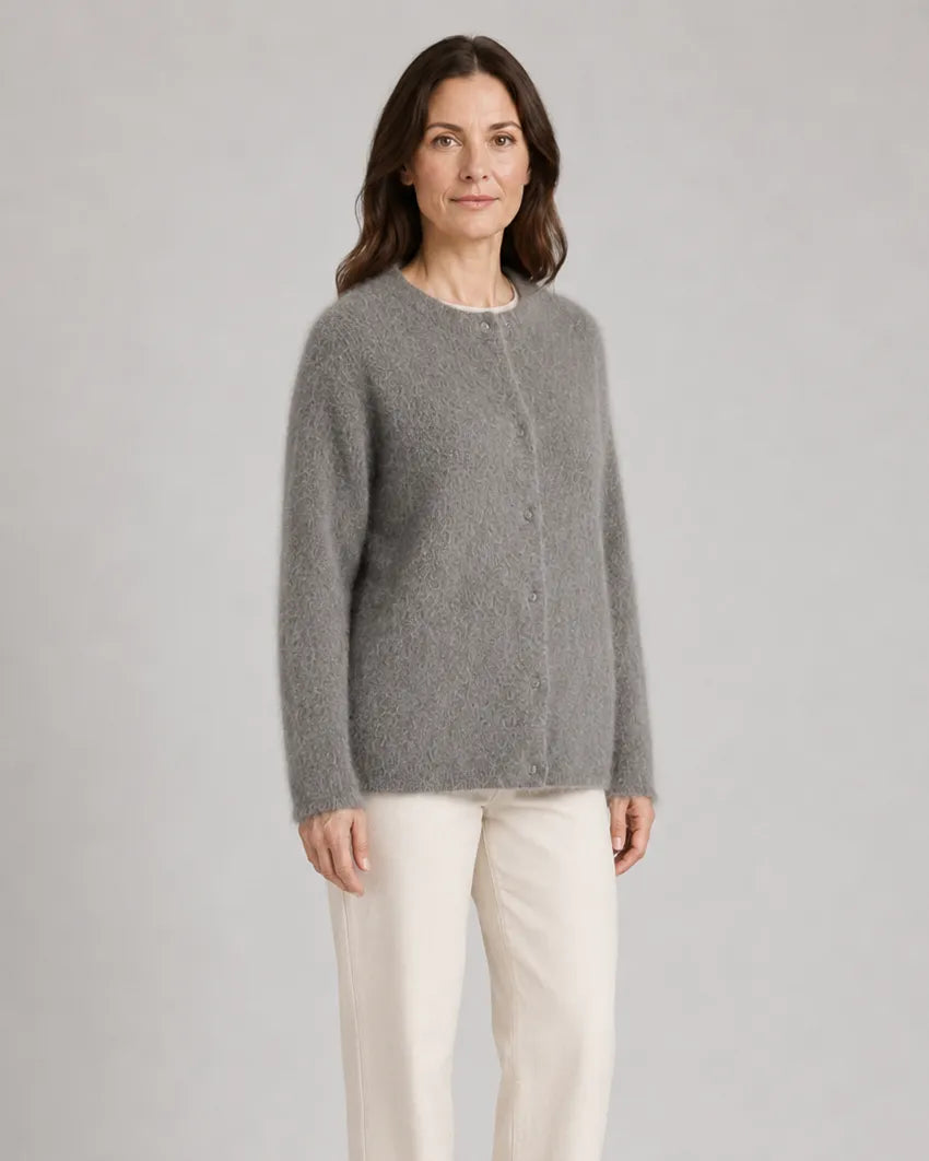 Fluffy Knit Round Neck Cardigan with Button Front