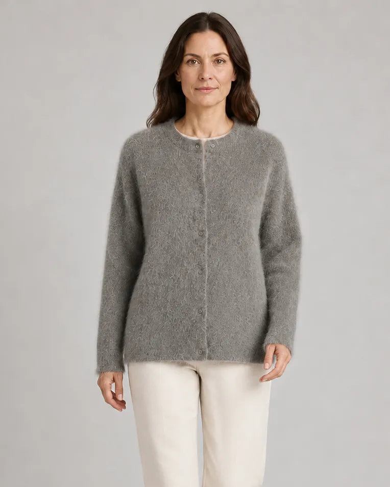 Fluffy Knit Round Neck Cardigan with Button Front