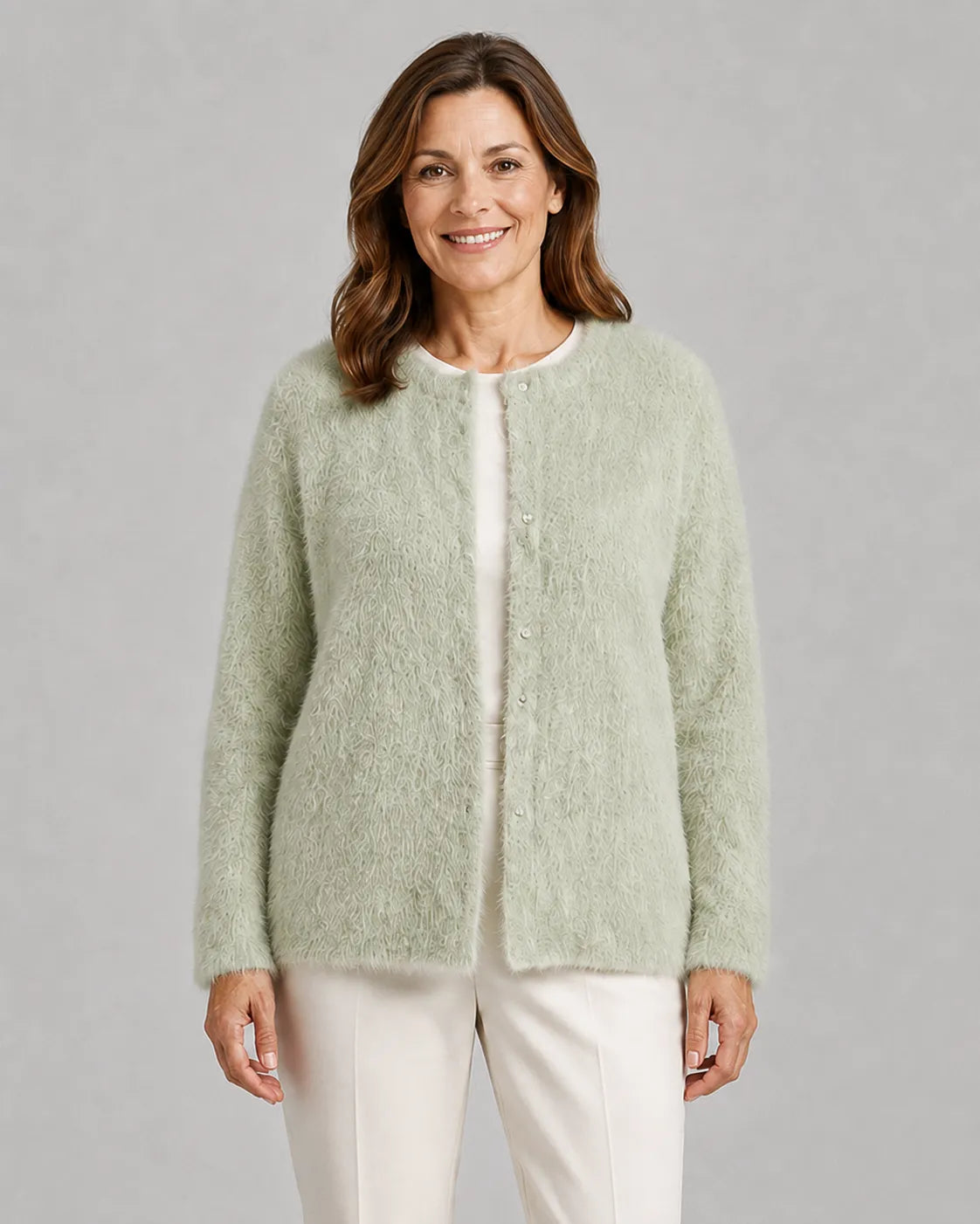 Fluffy Knit Round Neck Cardigan with Button Front