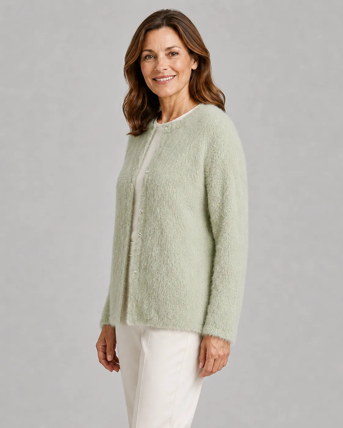 Fluffy Knit Round Neck Cardigan with Button Front