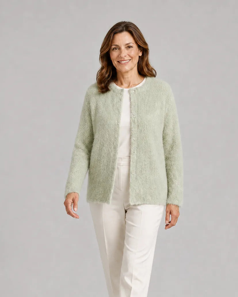 Fluffy Knit Round Neck Cardigan with Button Front