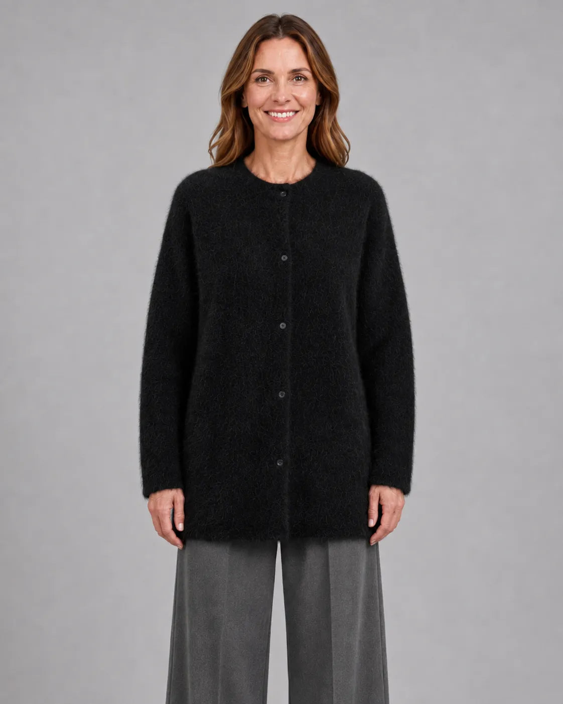 Fluffy Knit Round Neck Cardigan with Button Front