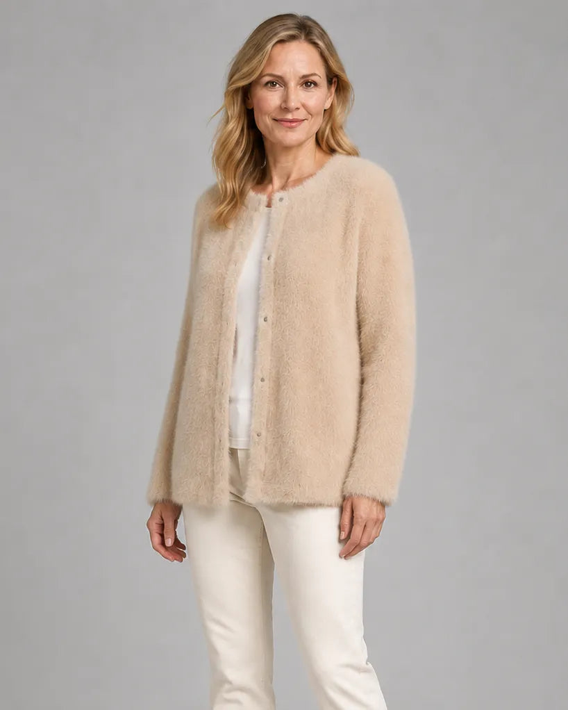 Fluffy Knit Round Neck Cardigan with Button Front