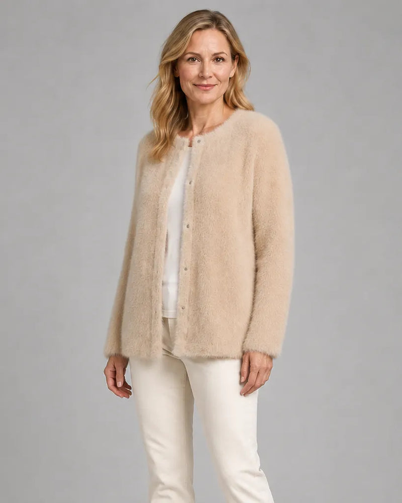 Fluffy Knit Round Neck Cardigan with Button Front