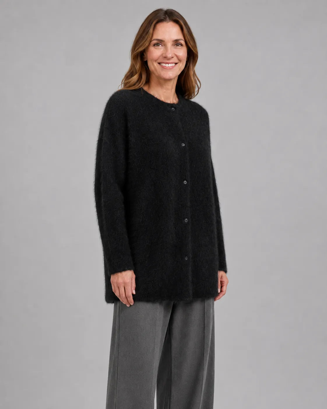 Fluffy Knit Round Neck Cardigan with Button Front