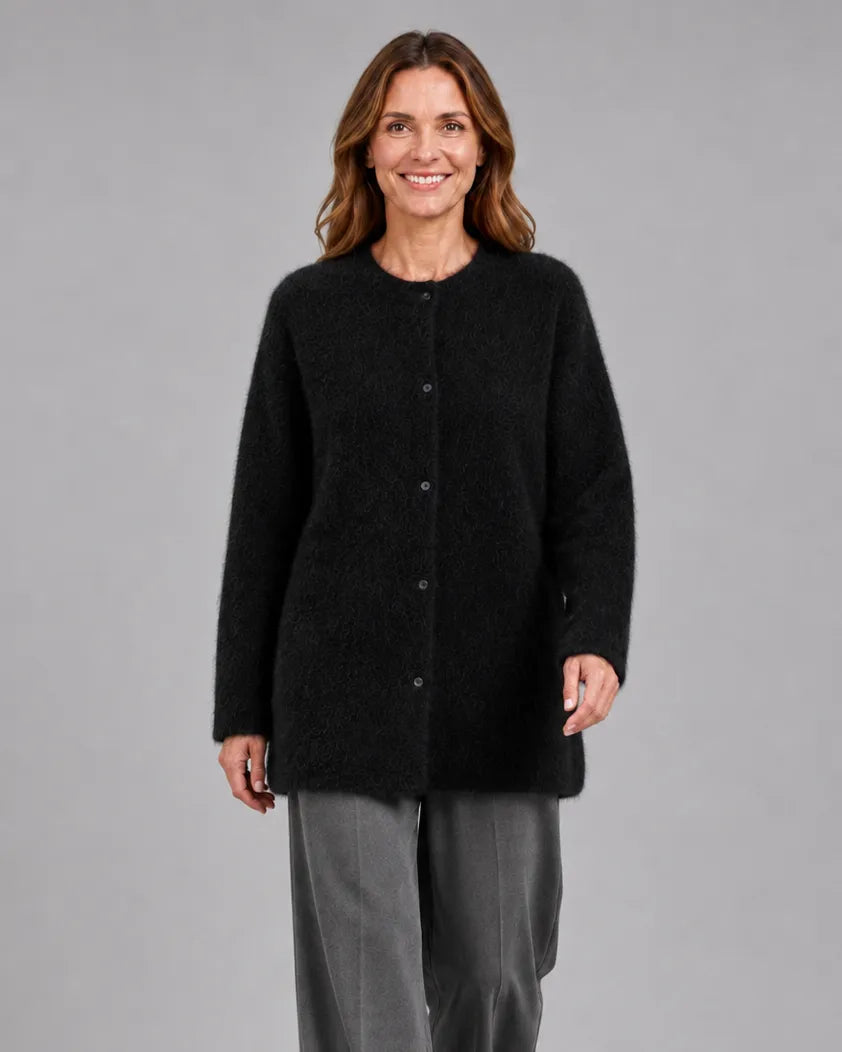 Fluffy Knit Round Neck Cardigan with Button Front