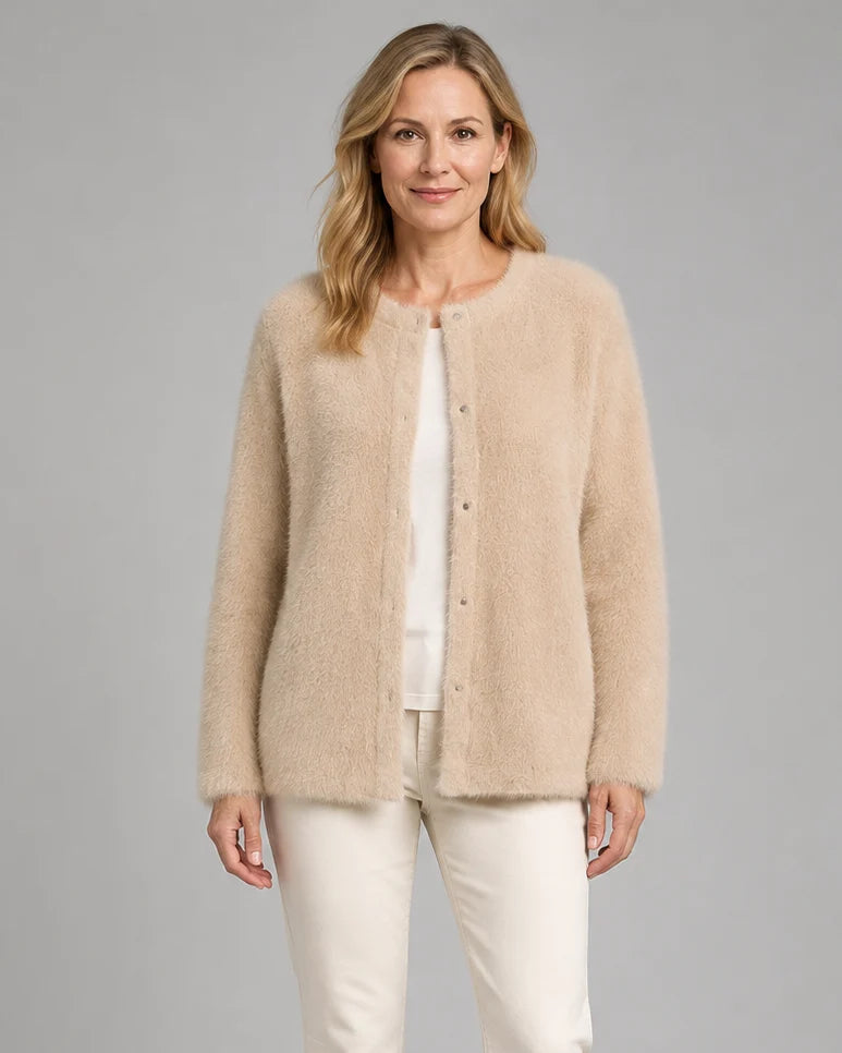Fluffy Knit Round Neck Cardigan with Button Front
