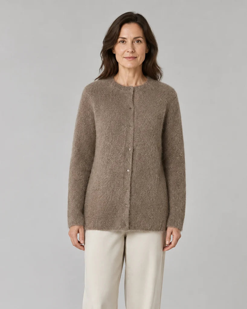 Fluffy Knit Round Neck Cardigan with Button Front