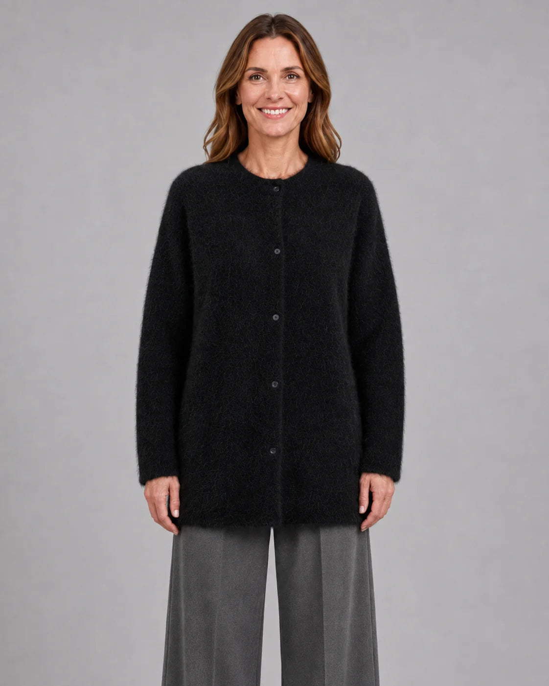 Fluffy Knit Round Neck Cardigan with Button Front