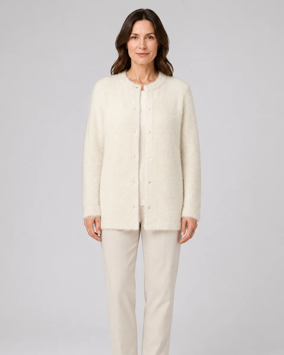 Fluffy Knit Round Neck Cardigan with Button Front