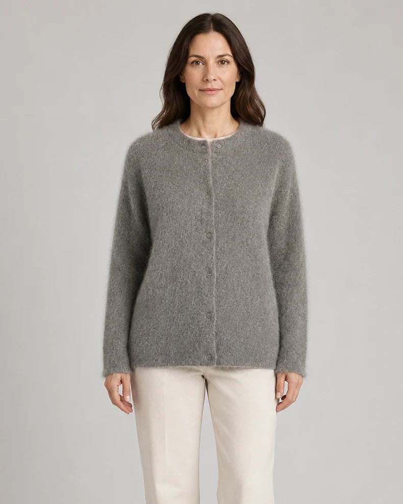 Fluffy Knit Round Neck Cardigan with Button Front