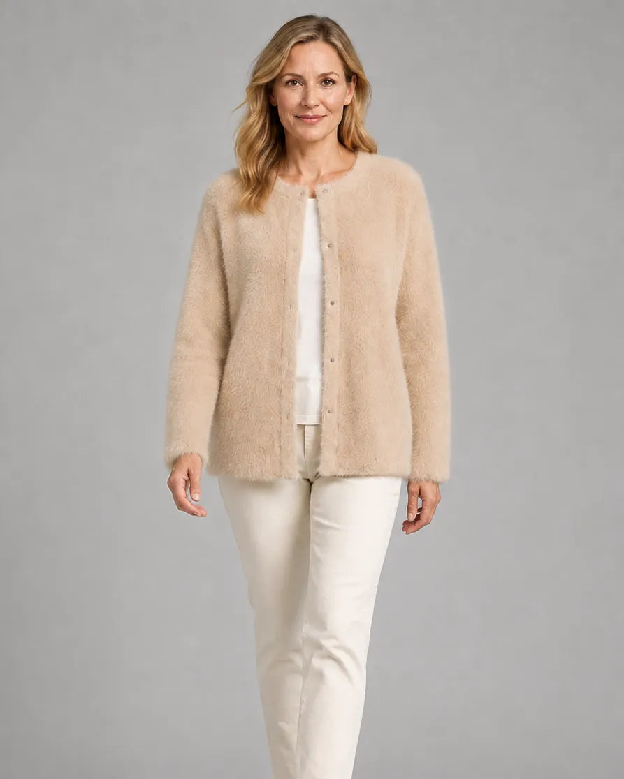 Fluffy Knit Round Neck Cardigan with Button Front