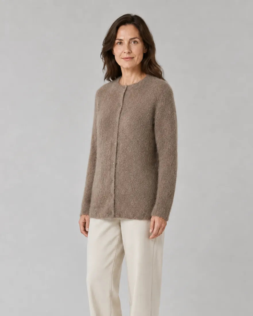 Fluffy Knit Round Neck Cardigan with Button Front