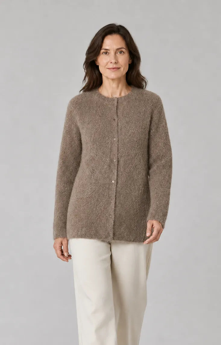 Fluffy Knit Round Neck Cardigan with Button Front