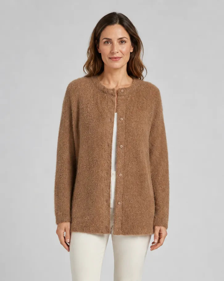 Fluffy Knit Round Neck Cardigan with Button Front