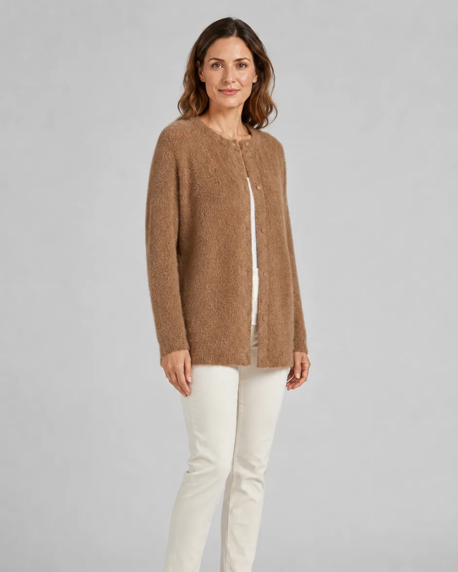 Fluffy Knit Round Neck Cardigan with Button Front