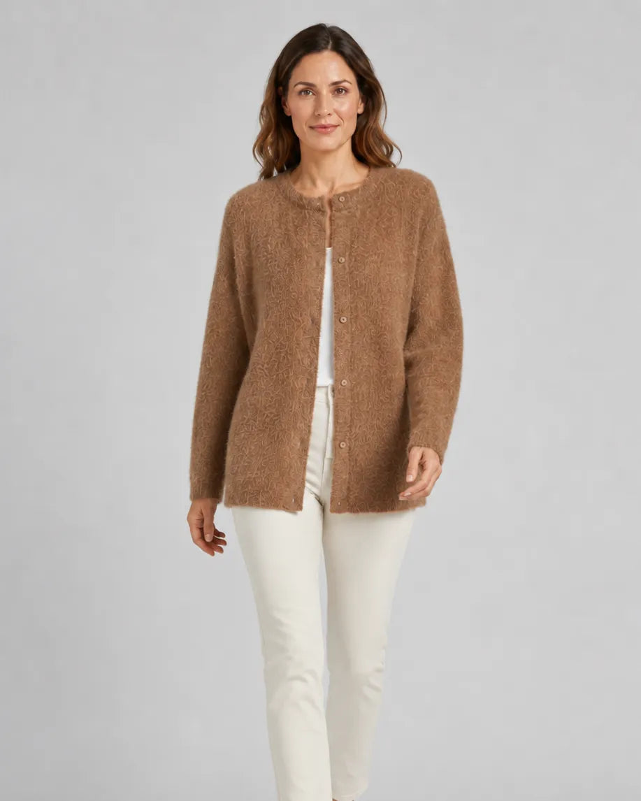 Fluffy Knit Round Neck Cardigan with Button Front