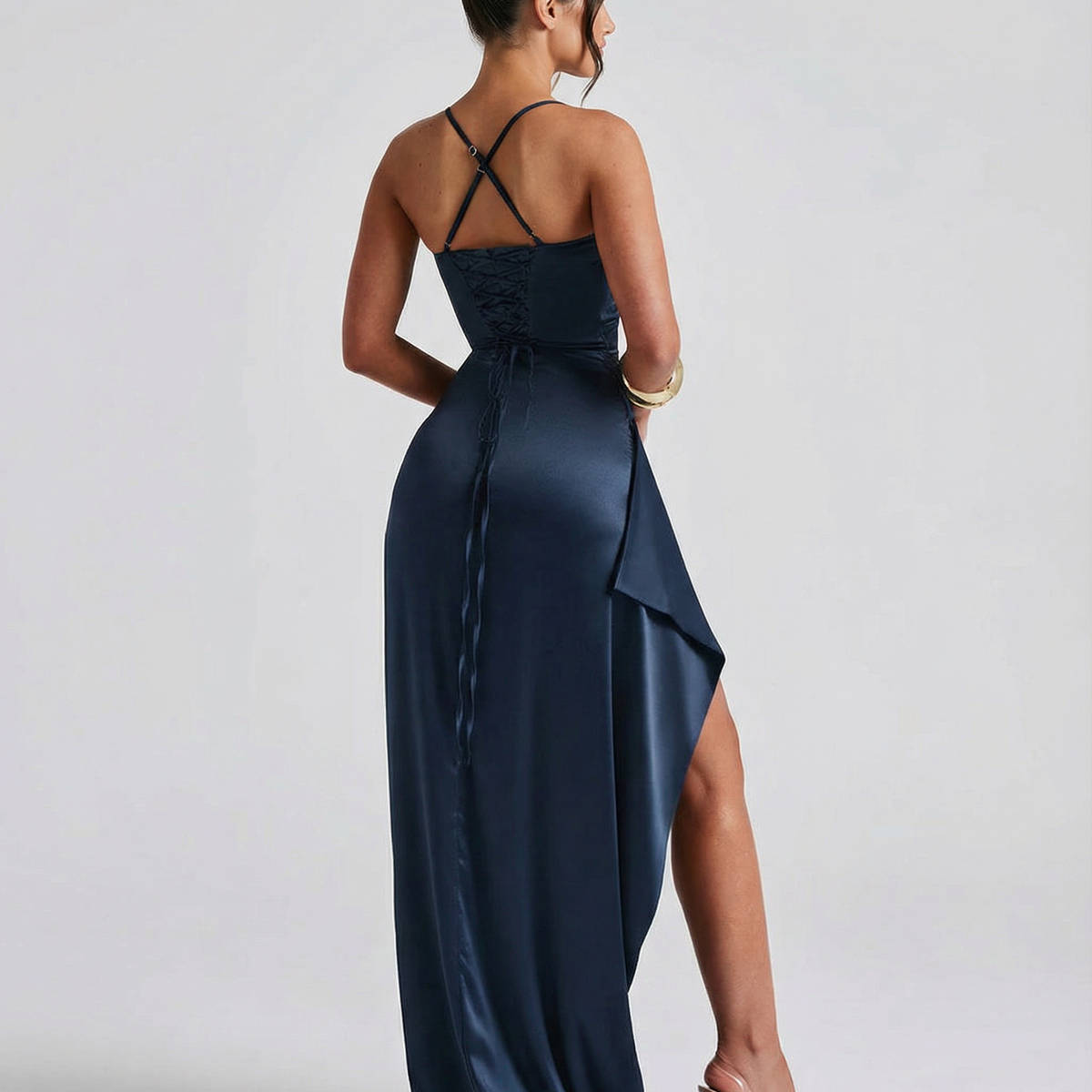 Janelle | Satin Cowl Neck Lace Up Maxi Dress
