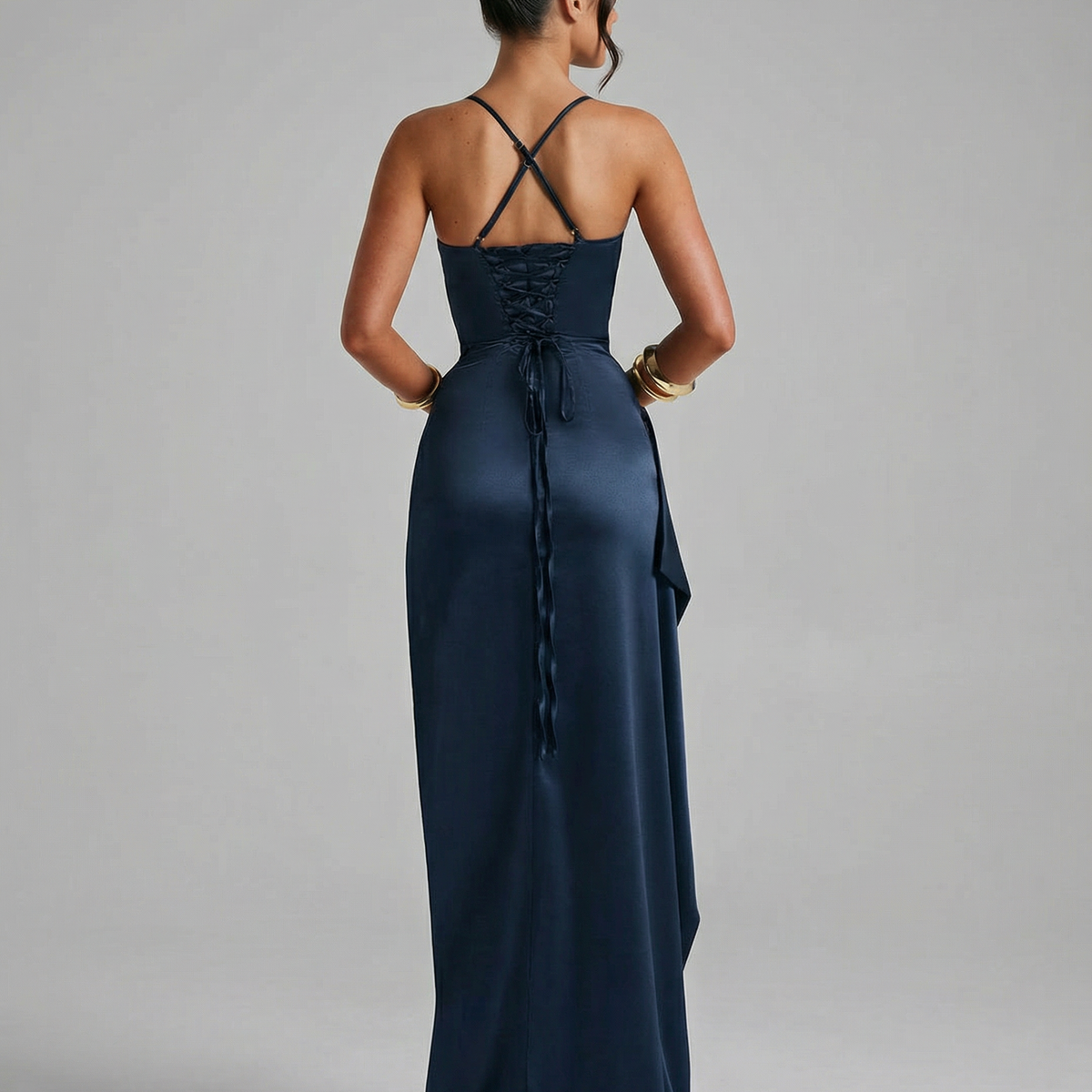 Janelle | Satin Cowl Neck Lace Up Maxi Dress