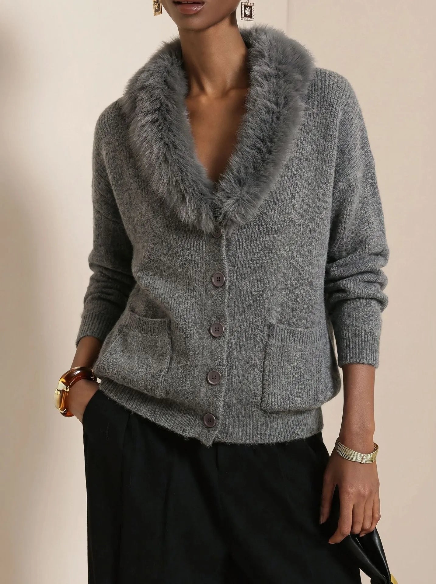Fur Collar Long Sleeve Loose Knit Cardigan Casual | Bordeaux Collection