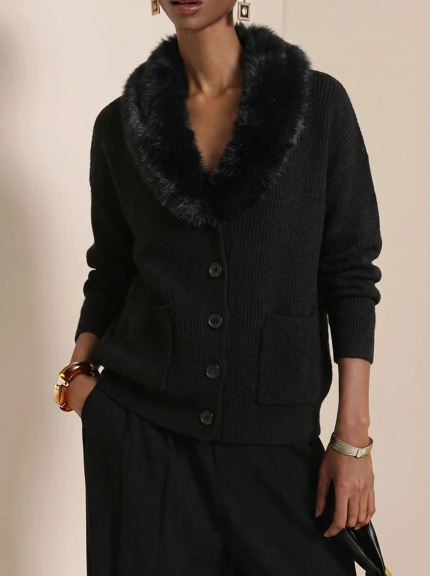 Fur Collar Long Sleeve Loose Knit Cardigan Casual | Bordeaux Collection