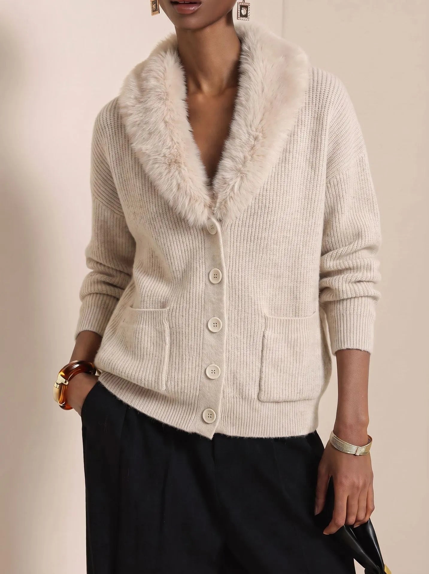Fur Collar Long Sleeve Loose Knit Cardigan Casual | Bordeaux Collection