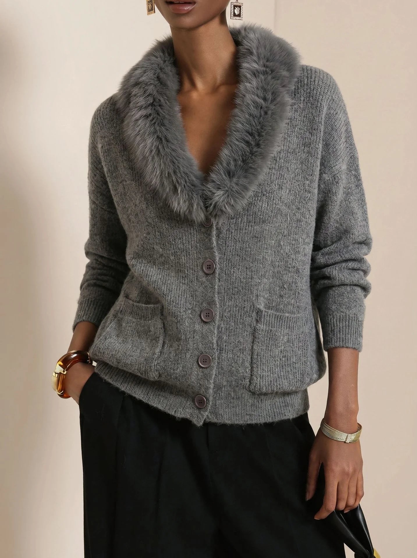 Fur Collar Long Sleeve Loose Knit Cardigan Casual | Bordeaux Collection