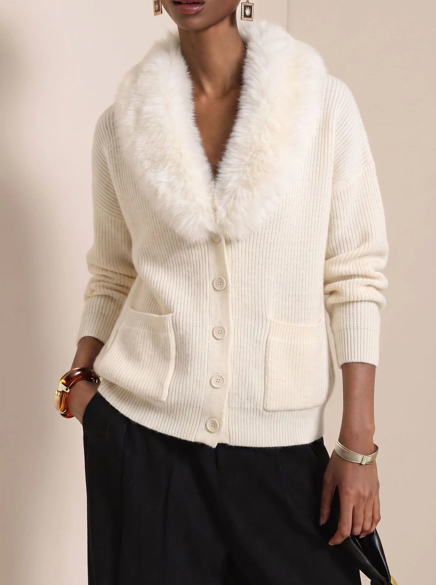 Fur Collar Long Sleeve Loose Knit Cardigan Casual | Bordeaux Collection