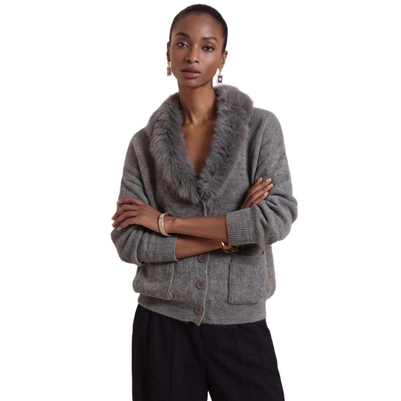 Fur Collar Long Sleeve Loose Knit Cardigan Casual | Bordeaux Collection