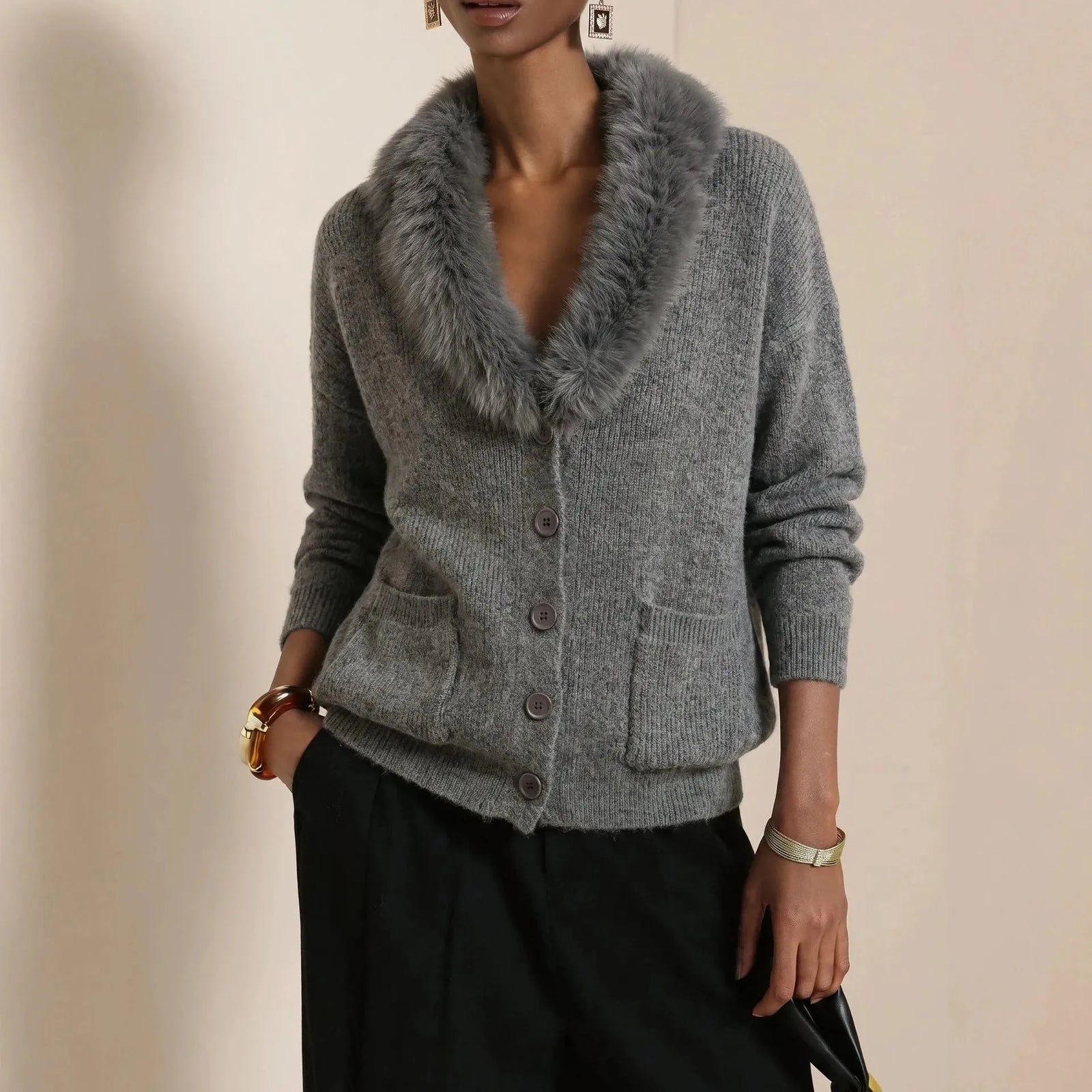 Fur Collar Long Sleeve Loose Knit Cardigan Casual | Bordeaux Collection