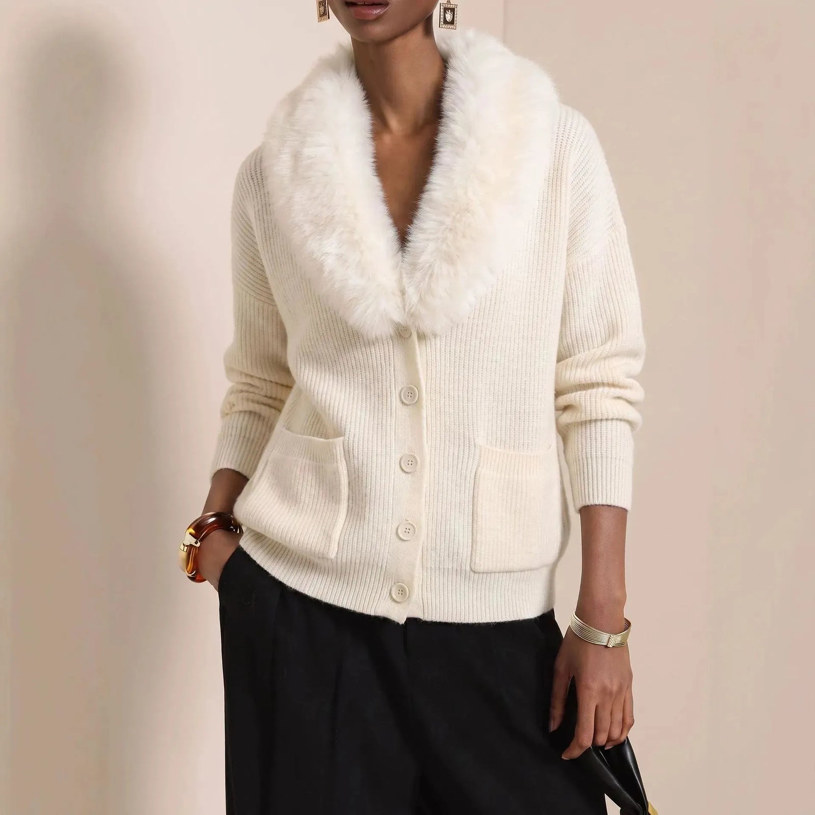 Fur Collar Long Sleeve Loose Knit Cardigan Casual | Bordeaux Collection