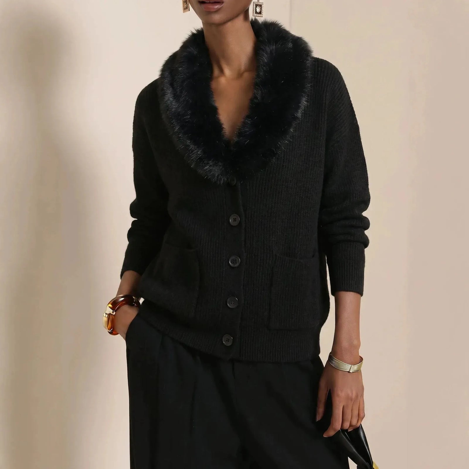 Fur Collar Long Sleeve Loose Knit Cardigan Casual | Bordeaux Collection