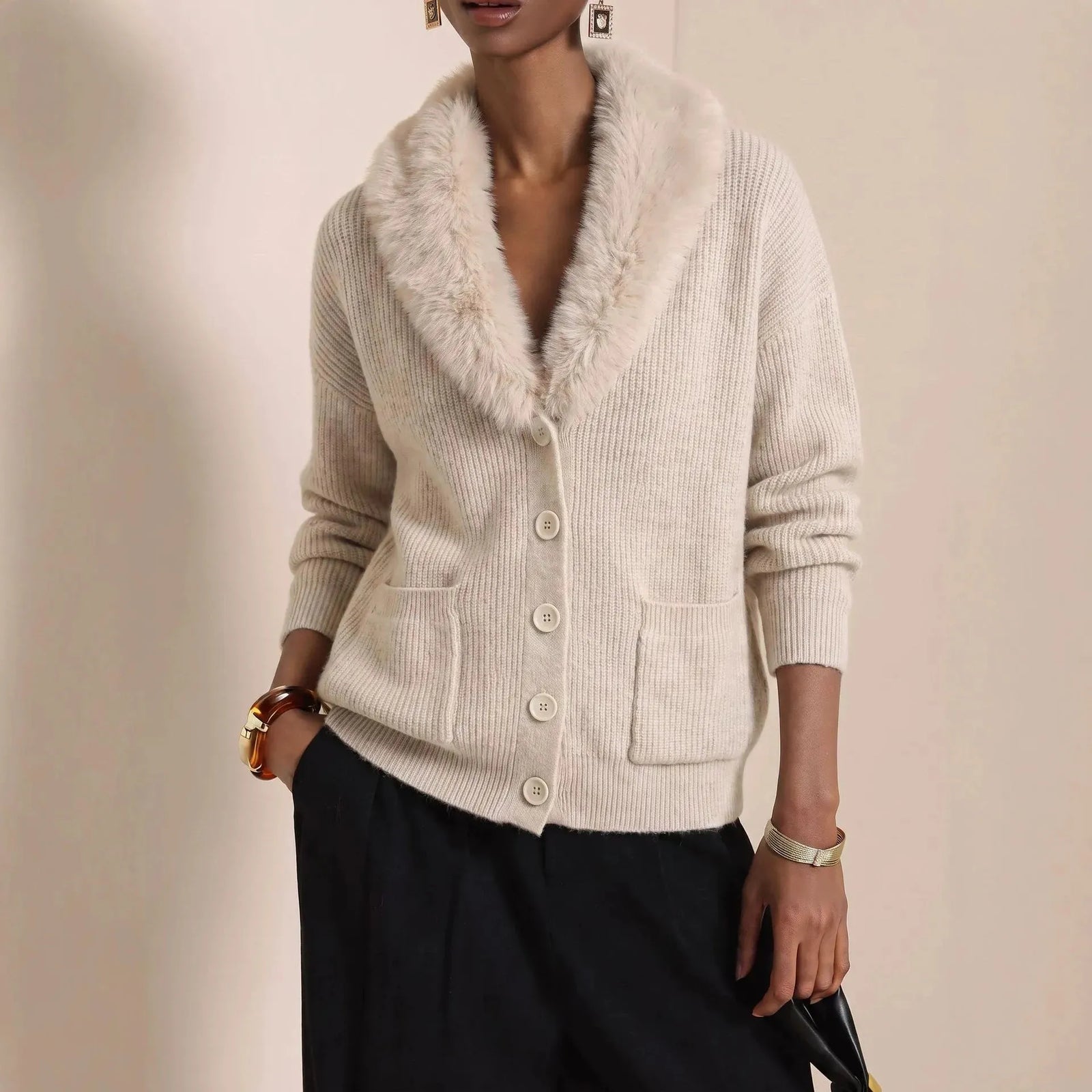 Fur Collar Long Sleeve Loose Knit Cardigan Casual | Bordeaux Collection
