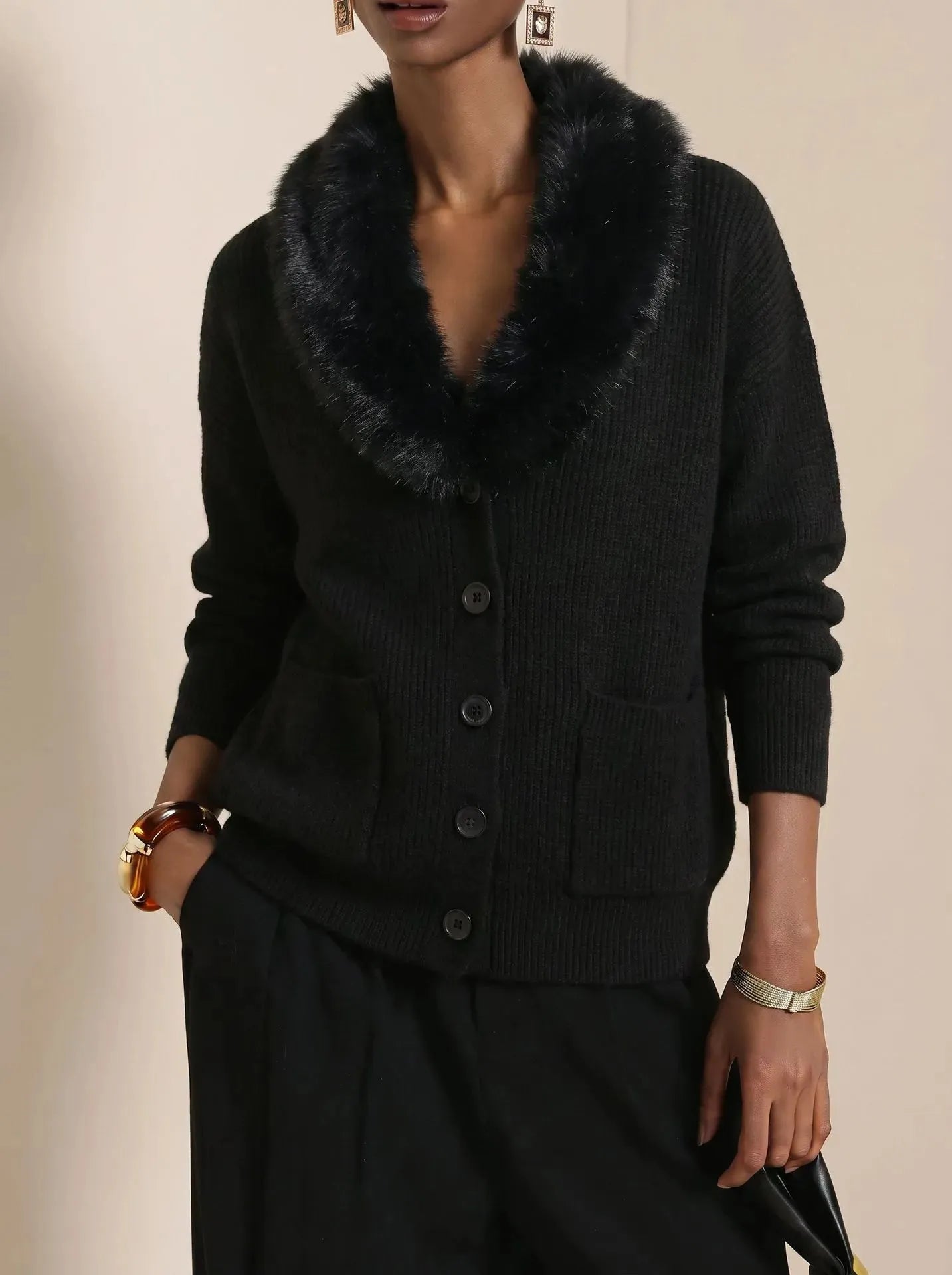 Fur Collar Long Sleeve Loose Knit Cardigan Casual | Bordeaux Collection