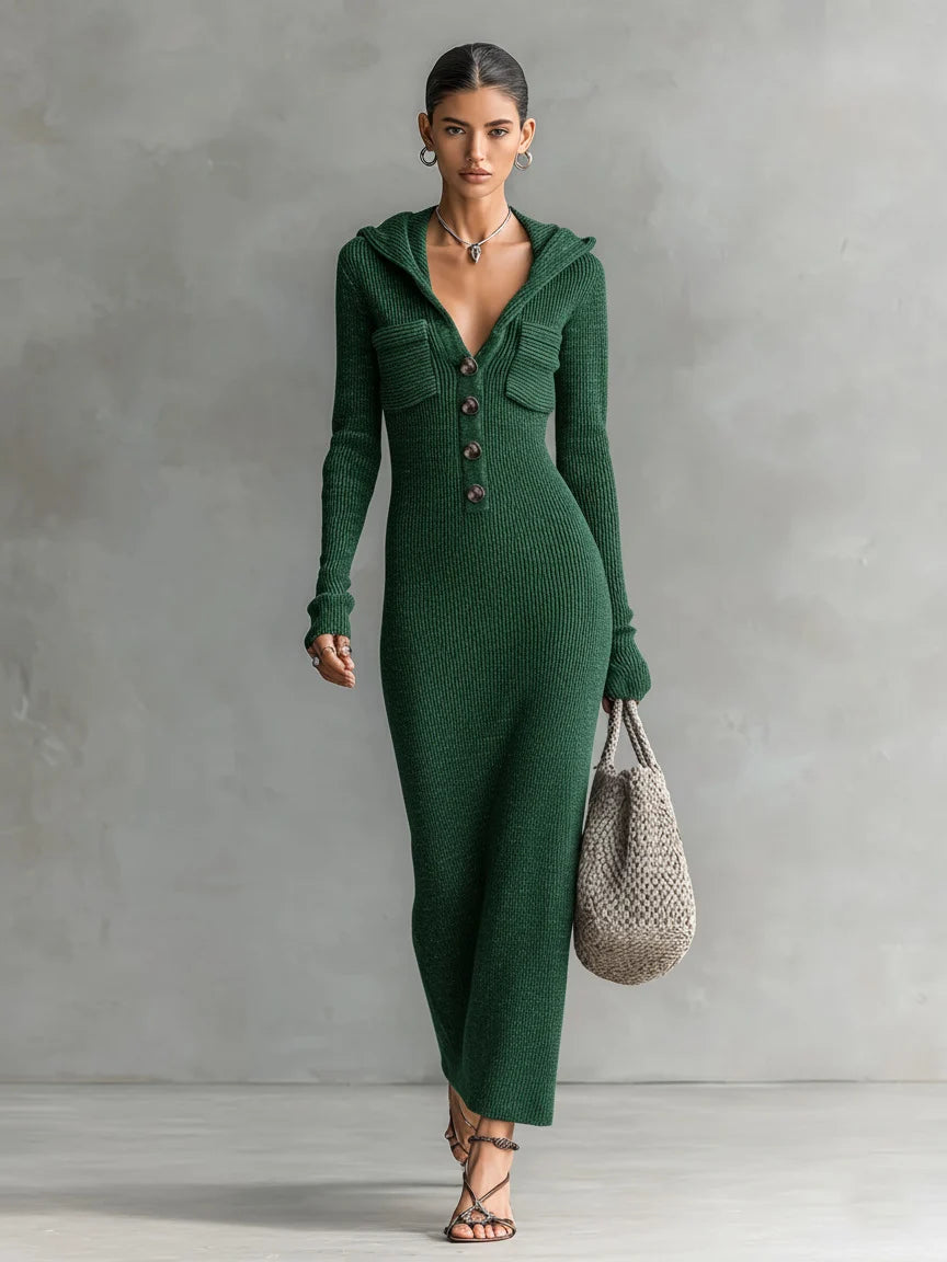 Hollow-Out Stand Collar Long Sleeve Slim-Fit Sweater Dress | Serene Collection