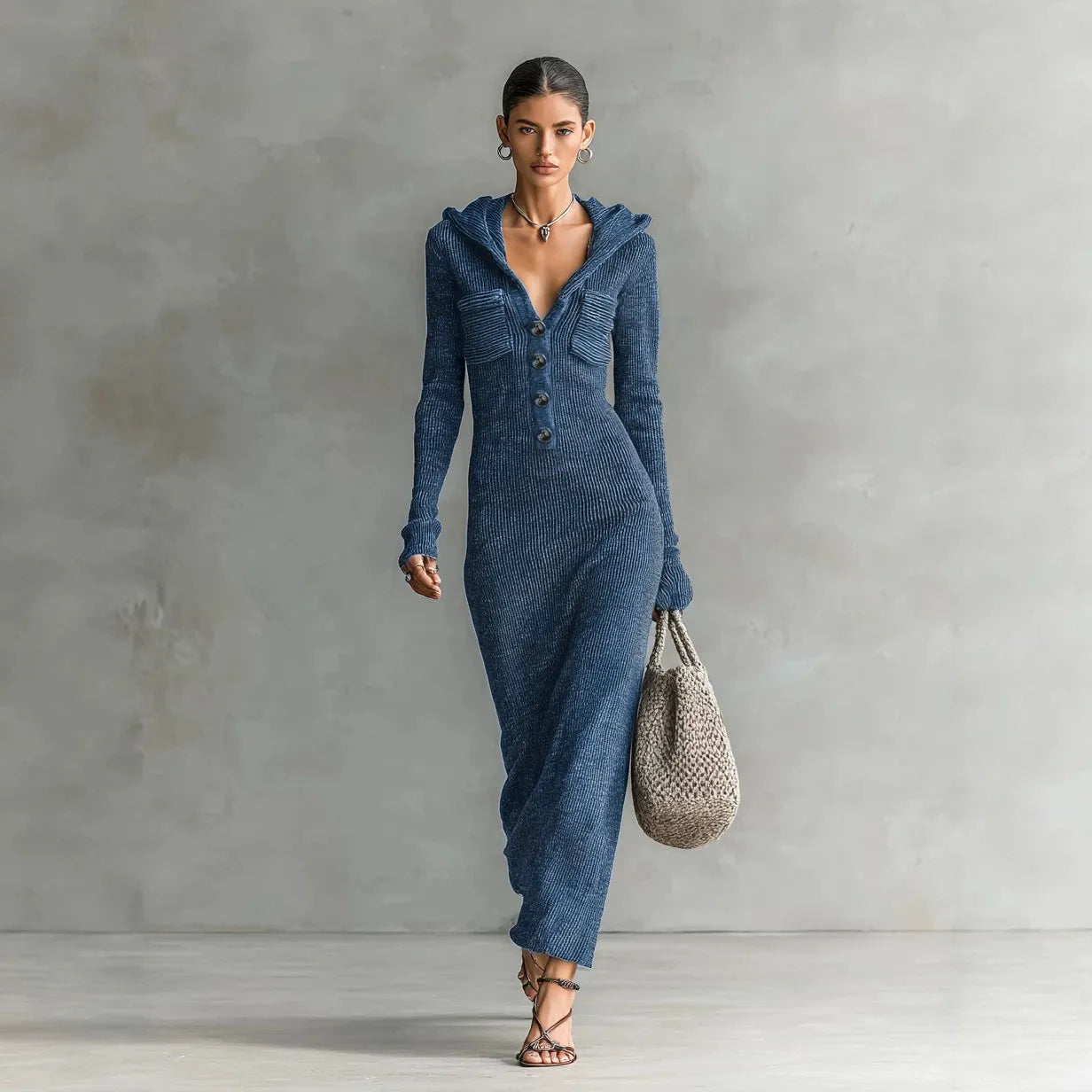 Hollow-Out Stand Collar Long Sleeve Slim-Fit Sweater Dress | Serene Collection