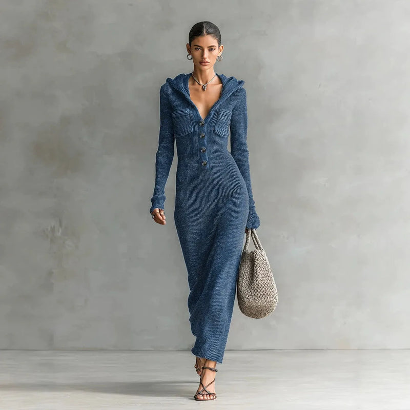 Hollow-Out Stand Collar Long Sleeve Slim-Fit Sweater Dress | Serene Collection