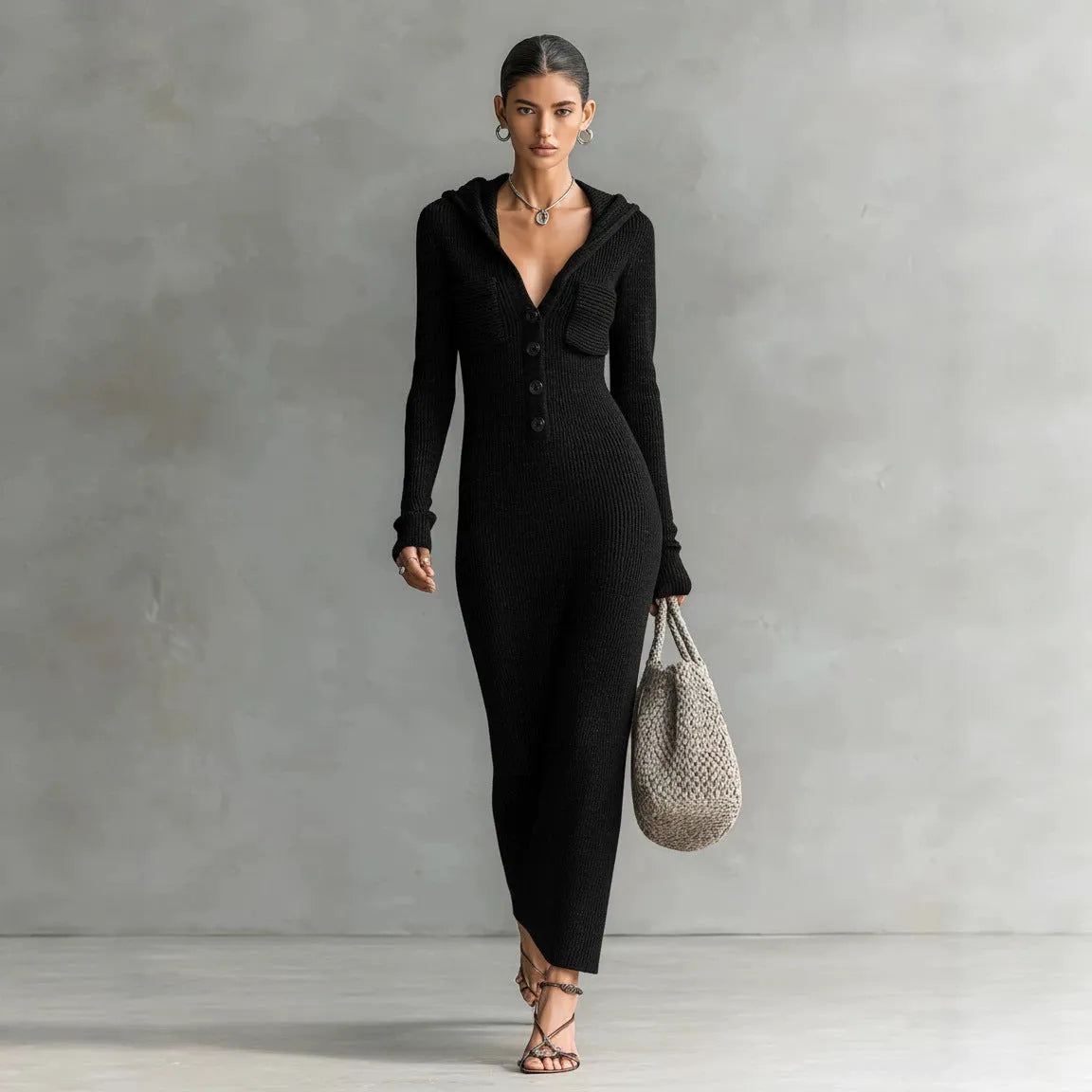Hollow-Out Stand Collar Long Sleeve Slim-Fit Sweater Dress | Serene Collection