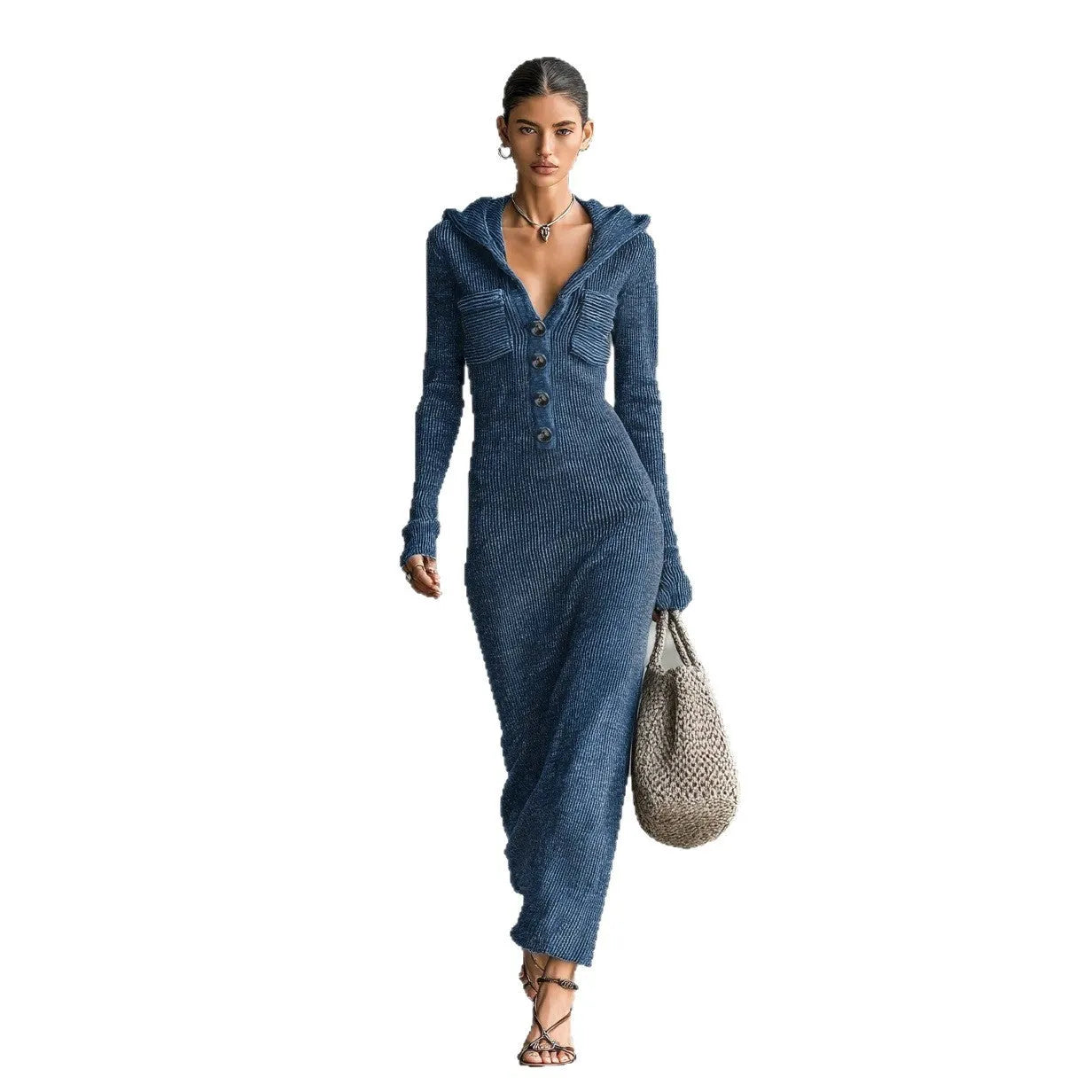 Hollow-Out Stand Collar Long Sleeve Slim-Fit Sweater Dress | Serene Collection
