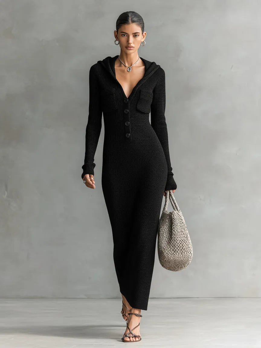 Hollow-Out Stand Collar Long Sleeve Slim-Fit Sweater Dress | Serene Collection