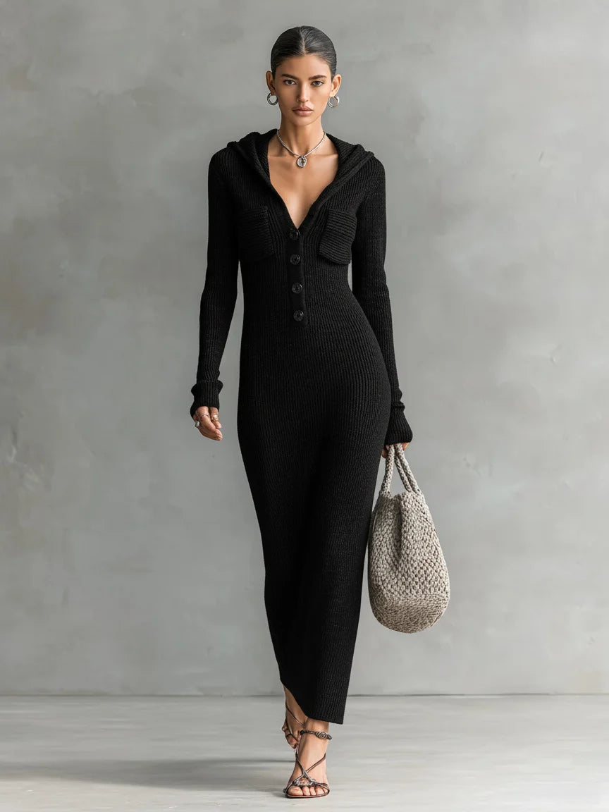 Hollow-Out Stand Collar Long Sleeve Slim-Fit Sweater Dress | Serene Collection