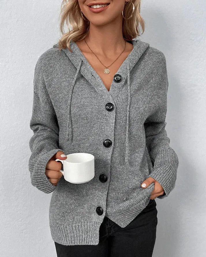 Hooded Knit Cardigan with Button Front
