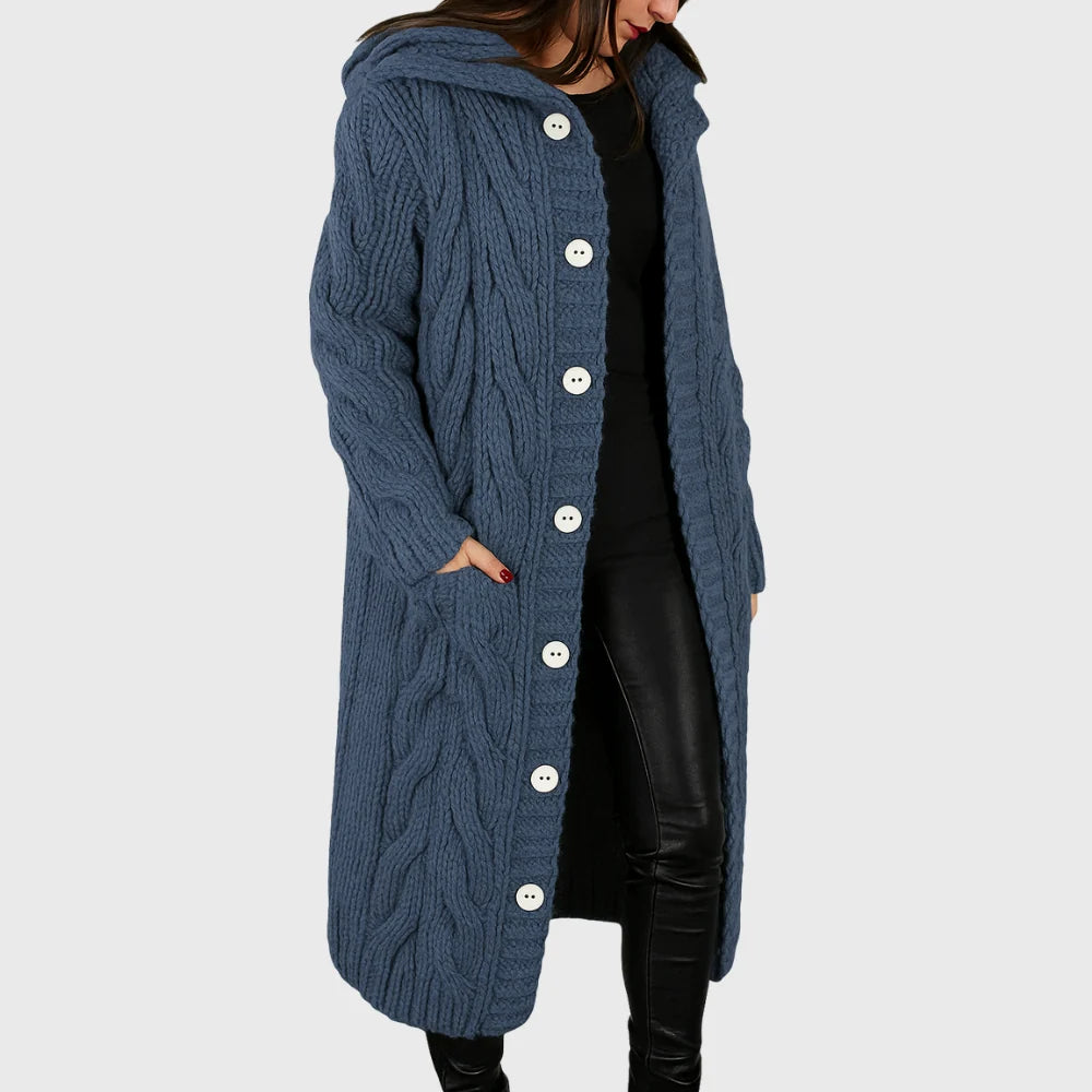 Hooded Longline Cable Knit Cardigan with Button Front