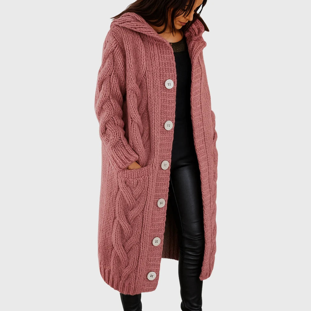 Hooded Longline Cable Knit Cardigan with Button Front