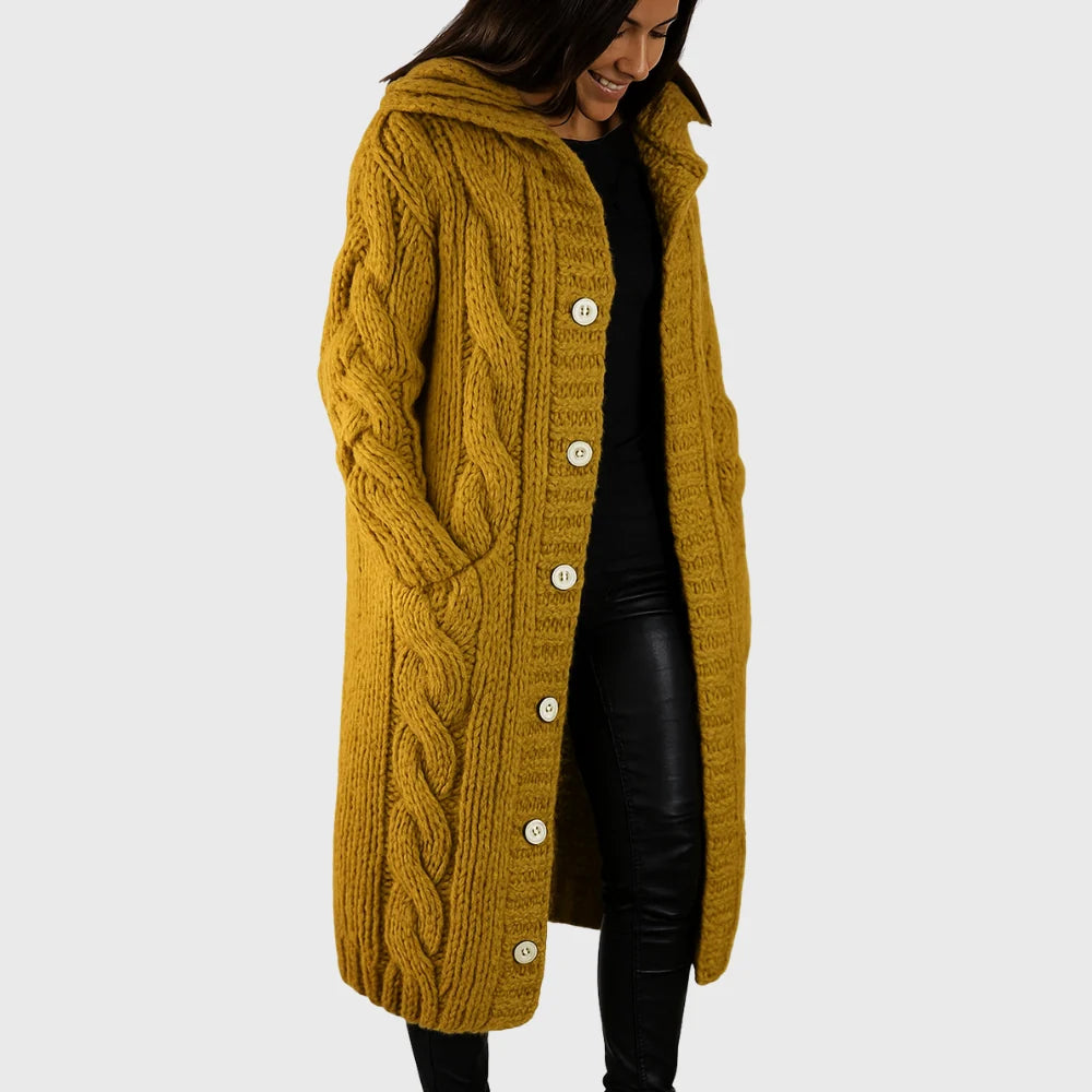 Hooded Longline Cable Knit Cardigan with Button Front